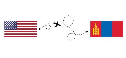voo e viagem dos EUA para a Mongólia pelo conceito de viagem de avião de passageiros vetor
