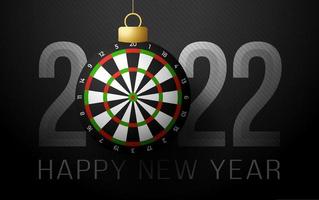 alvo de dardos 2022 feliz ano novo. cartão de felicitações de esportes com bola de dardos no fundo de luxo. ilustração vetorial vetor