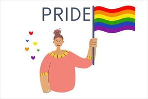 mês de desfile. garota segura bandeira em cores lgbt. ilustração vetorial plana. lésbica gay bissexual transgênero no desfile. diversidade de conceito vetor