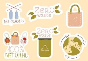 adesivos de desperdício zero. proteção ambiental no Dia da Terra. um conjunto de vetores em um estilo simples. adesivos snet plástico, planeta verde. desperdício Zero