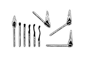 conjunto de fósforos ardentes desenhados à mão, isolados no fundo branco. ilustração vetorial em estilo de desenho vetor