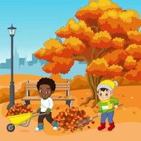 crianças fofas voluntárias limpando folhas de outono no parque da cidade vetor