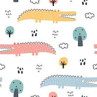 Seamless pattern cartoon background com crocodilo e árvores mão desenhada design em estilo garoto, uso para impressão, papel de parede, tecido, têxteis. ilustração vetorial vetor