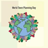 cartão postal do dia do planejamento urbano do mundo. globo rodeado de edifícios e infraestrutura. vetor