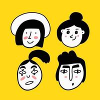 avatares do doodle. avatares de usuário de vetor em estilo desenhado à mão na moda. oito rostos humanos em círculos amarelos.
