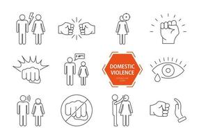 conjunto de ícones de violência doméstica. ícones de linha de abuso doméstico. conjunto de violência familiar e discriminação mulher. ilustração vetorial vetor