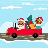 touro carrega um tigre em um carro vermelho. personagens de animais de Natal fofos. ilustração vetorial. vetor