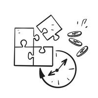 mão desenhada doodle quebra-cabeça relógio e símbolo de dinheiro para ilustração de contagem regressiva de prazo de negócios de projeto vetor