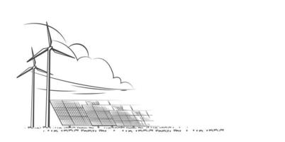 painéis solares e turbinas eólicas ou fontes alternativas de energia. esboço desenhado. desenho vetorial. vetor