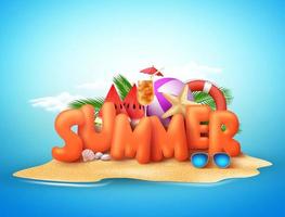 Projeto de vetor de dia de verão de texto de verão 3D na ilha da praia com elementos tropicais acima da areia