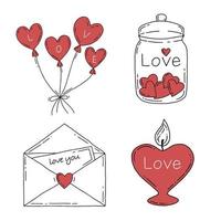 vetor definido com itens de amor isolados em um fundo branco. coleção de dia dos namorados com corações, carta, frasco, vela.