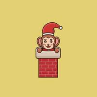 macaco bebê fofo na chaminé de casa, fantasia de Papai Noel. personagem, mascote, logotipo, desenho animado, ícone e design bonito. vetor