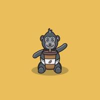 gorila bebê fofo com uma xícara de café. personagem, mascote, ícone, logotipo, desenho animado e design bonito. vetor