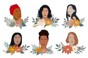 conjunto de ilustrações abstratas femininas decoradas com flores sobre fundo branco. bom para pôsteres, gravuras, cartões, decoração de adesivos. feminismo, tema do dia internacional da mulher. eps 10 vetor