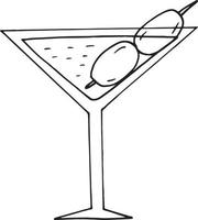 cocktail martini com ícone de azeitonas. estilo de doodle desenhado de mão. , minimalismo, monocromático. bebida alcoólica, restaurante com menu de bar vetor