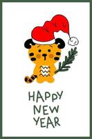 modelo de cartão-postal de ano novo chinês com tigre com chapéu de Papai Noel. vetor