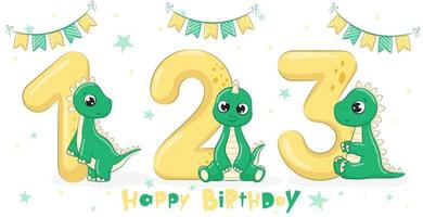 coleção de 3 dinossauros verdes fofos - feliz aniversário, 1,2,3 anos. ilustração em vetor de um desenho animado.