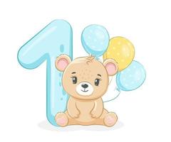 ilustração dos desenhos animados - feliz aniversário, 1 ano, lindo bebê urso. ilustração vetorial. vetor