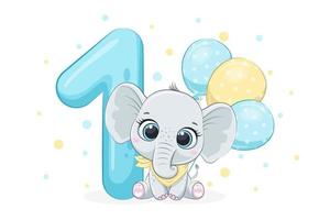 ilustração dos desenhos animados - feliz aniversário, 1 ano, elefante bebê fofo. ilustração vetorial. vetor