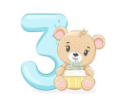 ilustração dos desenhos animados - feliz aniversário, 3 anos, lindo bebê urso. ilustração vetorial. vetor