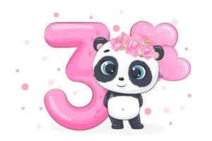 ilustração dos desenhos animados - feliz aniversário, 3 anos, linda garota panda. ilustração vetorial. vetor