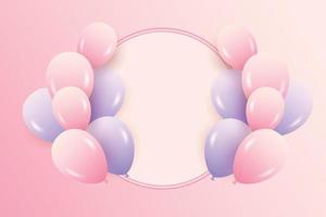 Conjunto de moldura de aniversário com balões rosa roxos realistas vetor