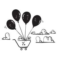 Mão desenhada doodle sacola de compras e carrinho voando com ilustração de balão preto vetor