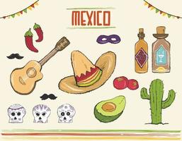 todos os elementos gráficos mexicanos para um design com o tema mexicano. guitarra bigode caveiras sombrero chapéu chillies tomatos cactus abacate máscara para olhos mascarada garrafas de molho picante vetor