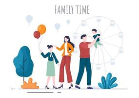 tempo para a família de pais alegres e filhos passando um tempo juntos no parque, fazendo várias atividades relaxantes na ilustração plana dos desenhos animados para cartaz ou plano de fundo vetor