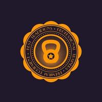 fitness, logotipo vintage da academia, emblema redondo com kettlebell vetor