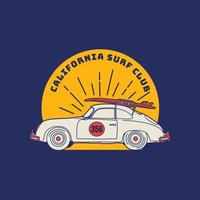 carro de verão surfando logotipo vintage clássico. ilustração vetorial artesanal vetor