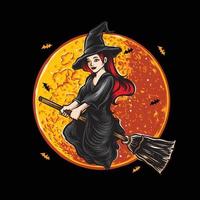 bruxa voadora com lua e vetor de halloween