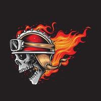 Logotipo do vetor caveira com cabeça de motociclista pegando fogo
