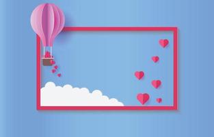 moldura vermelha e corações rosa de balão de ar quente no céu azul estilo corte de papel plano de fundo vetor