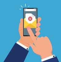 notificação de e-mail no smartphone, que segura a mão. ícone de sms ou lembrete de mensagem de correio enviado no celular vetor