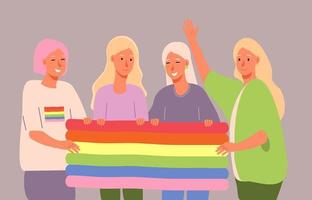 mês da história lgbt em outubro, semana, dia. lésbicas, garotas bissexuais estão segurando a bandeira do arco-íris e rindo. vetor