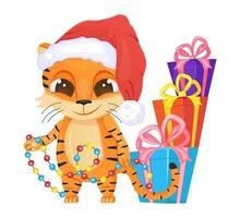 vetor de tigre fofo. símbolo do feliz ano novo chinês 2022. garoto tigre engraçado com olhos grandes e chapéu de Papai Noel. presentes, guirlandas são mostrados.