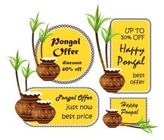 o feliz festival de pongal é a colheita hindu tradicionalmente dedicada ao deus sol surya e celebrada em tamil nadu. oferta pongal e adesivos de desconto com pote. conjunto de etiqueta de venda vetor