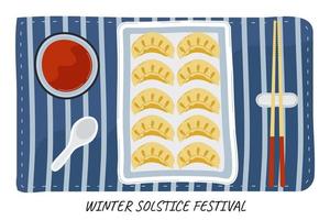 dongzhi tradicional chinês festival banner vector. festival do solstício de inverno. sopa doce com bolinhos de arroz. as letras chinesas significam o pico do inverno. vetor