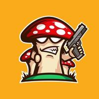 design do logotipo do mascote da arma de cogumelo vetor