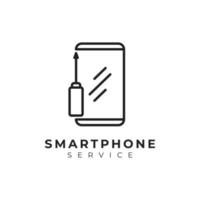 Design de logotipo de serviço de telefone inteligente com ilustração de ícone de combinação de telefone inteligente e chave de fenda em estilo de linha de arte vetor