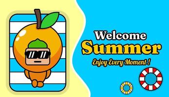 design de fundo de areia e praia de verão com texto aproveitando cada momento, com fantasia de mascote de fruta laranja relaxante vetor