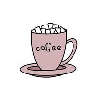 uma xícara de café com marshmallows. uma bebida revigorante. estilo do doodle. vetor