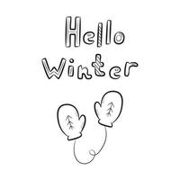 Olá inverno doodle letras e luvas. mão desenhada texto e elemento de inverno. ilustração vetorial vetor