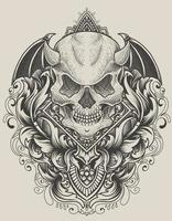 ilustração do crânio do demônio com gravura do estilo do ornamento vetor