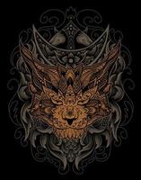 estilo de mandala de ilustração de gato com ornamento de gravura vetor