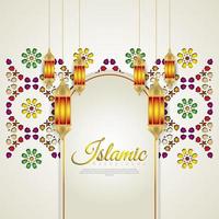 Fundo de banner de cartão islâmico com detalhes coloridos ornamentais de ornamento de arte islâmica em mosaico floral vetor