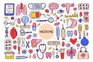 medicina equipamento cartoon doodle mão desenhada ilustração vetorial conjunto de elementos vetor