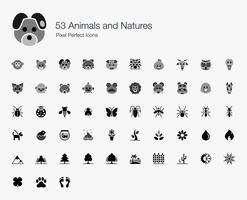 53 Animais e Natureza Pixel Perfect Icons. vetor