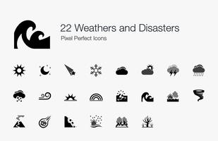 22 Weathers and Disasters Pixel ícones perfeitos. vetor